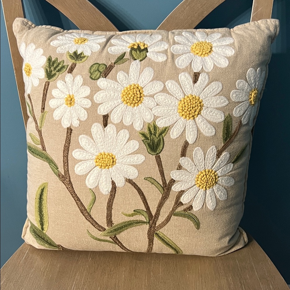Daisy Embroidered Accent Pillow - White and Yellow Floral Design 17x17